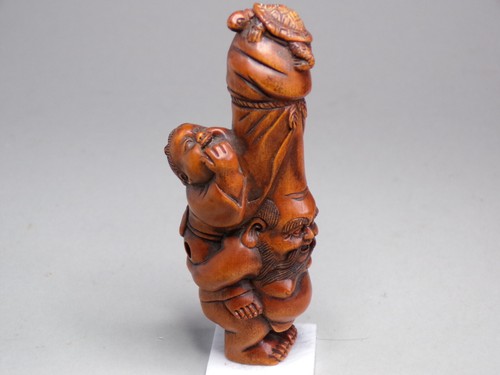 Hand Carved Japanese Boxwood Netsuke "Fukurokuju and Okame" Laughing God of Luck