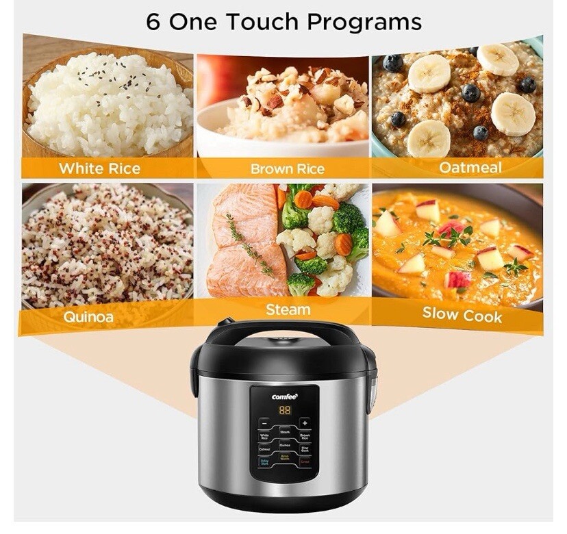 Eby Rice Cooker COMFEE' Compact Rice Cooker, 6-in-1 Stainless Steel Multi Cooker Slow ...