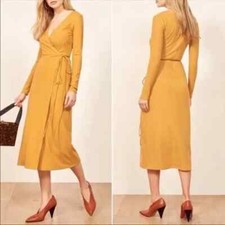 REFORMATION Jeans Yellow CELINE Rib Ribbed Knit Wrap Plunge Sweater Dress XS 0