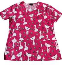 Zoe Chloe Women's Cat Kitty Pink Paw Prints Medical Uniform Scrub Top Size M