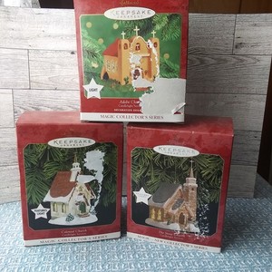 Lot of 5 Hallmark Ornaments, churches, firetruck, tin house