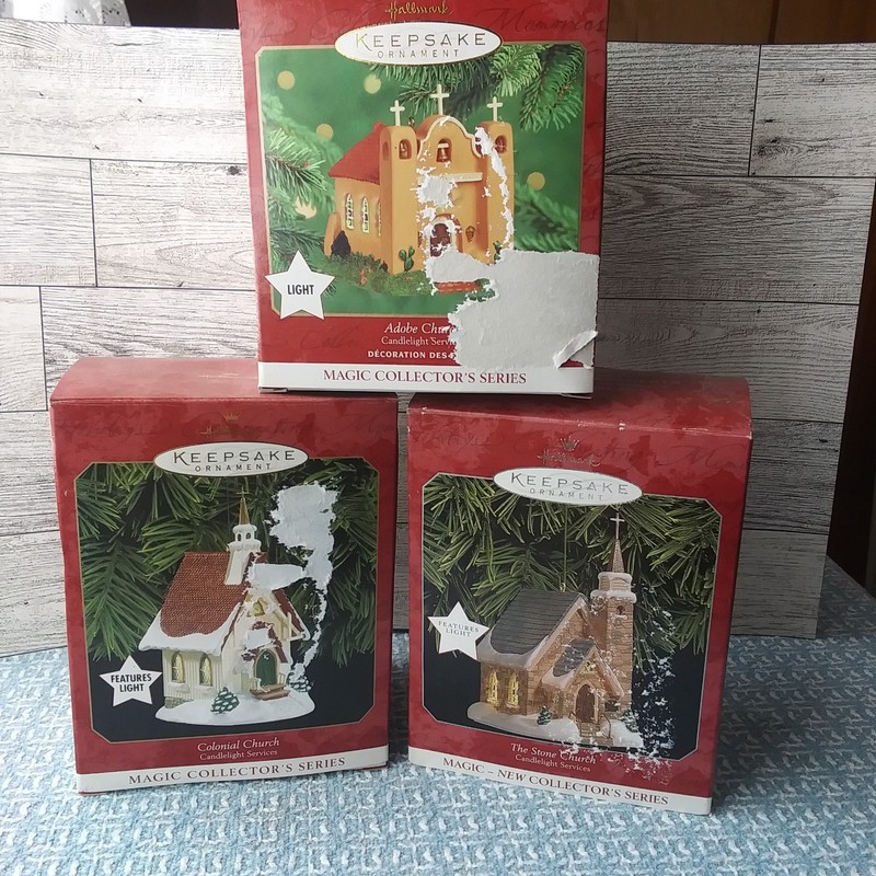 Lot of 5 Hallmark Ornaments, churches, firetruck, tin house