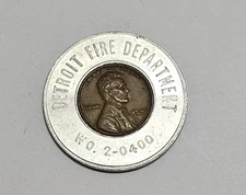 1949 US Encased One Cent Penny Detroit Fire Department Indust. Safety Council 