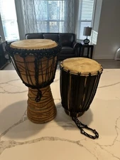 (2) Handmade African Mahogany Wood Drums, Triple Goddess. Minor Damage On Top