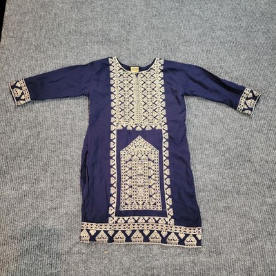 Vintage Al Malboosat Middle Eastern Embroidered Dress Kaftan Tunic Gold Navy