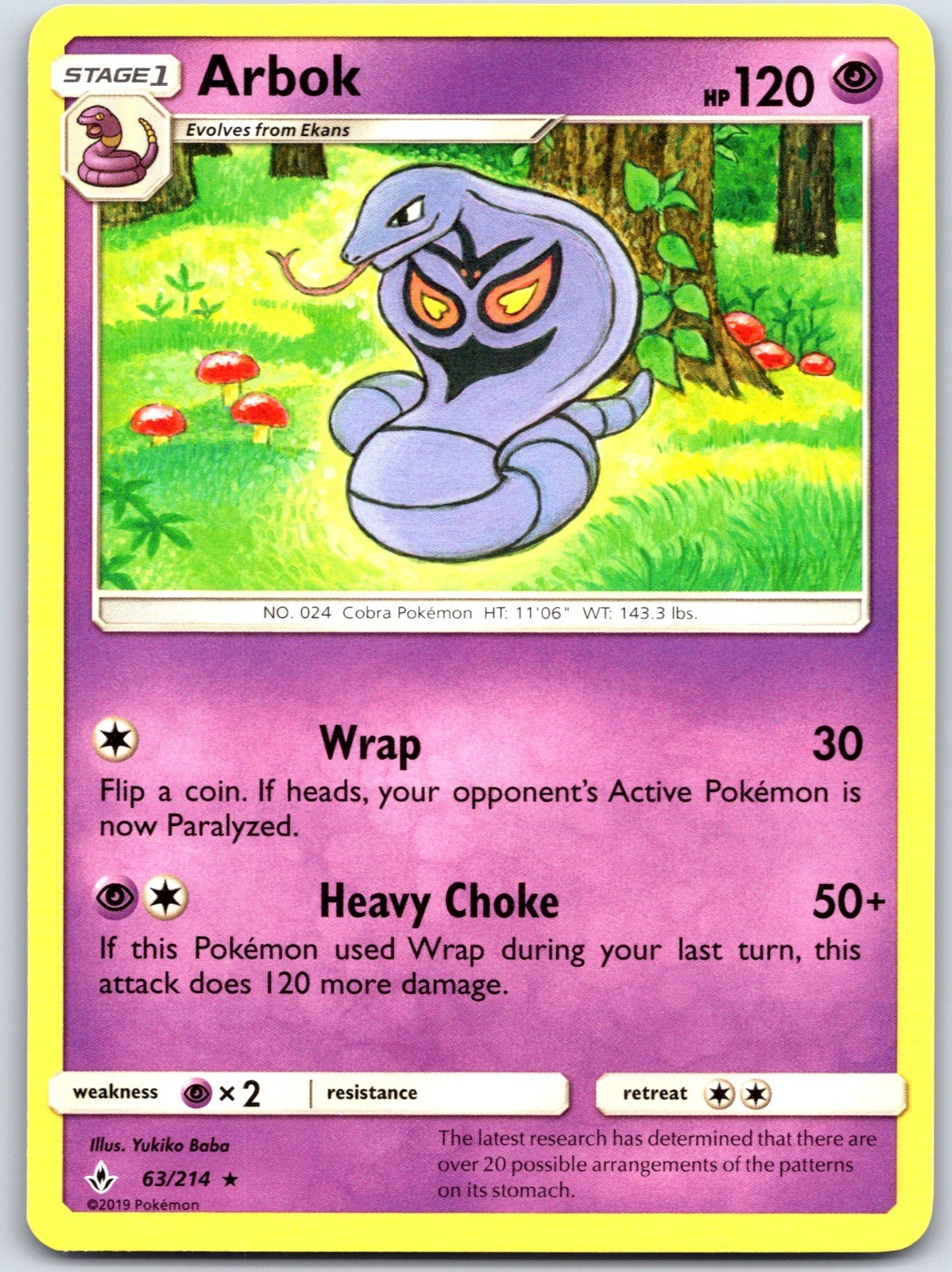 Arbok 63/214 Non Holo SM - Unbroken Bonds Pokemon 2019 Yukiko Baba NM