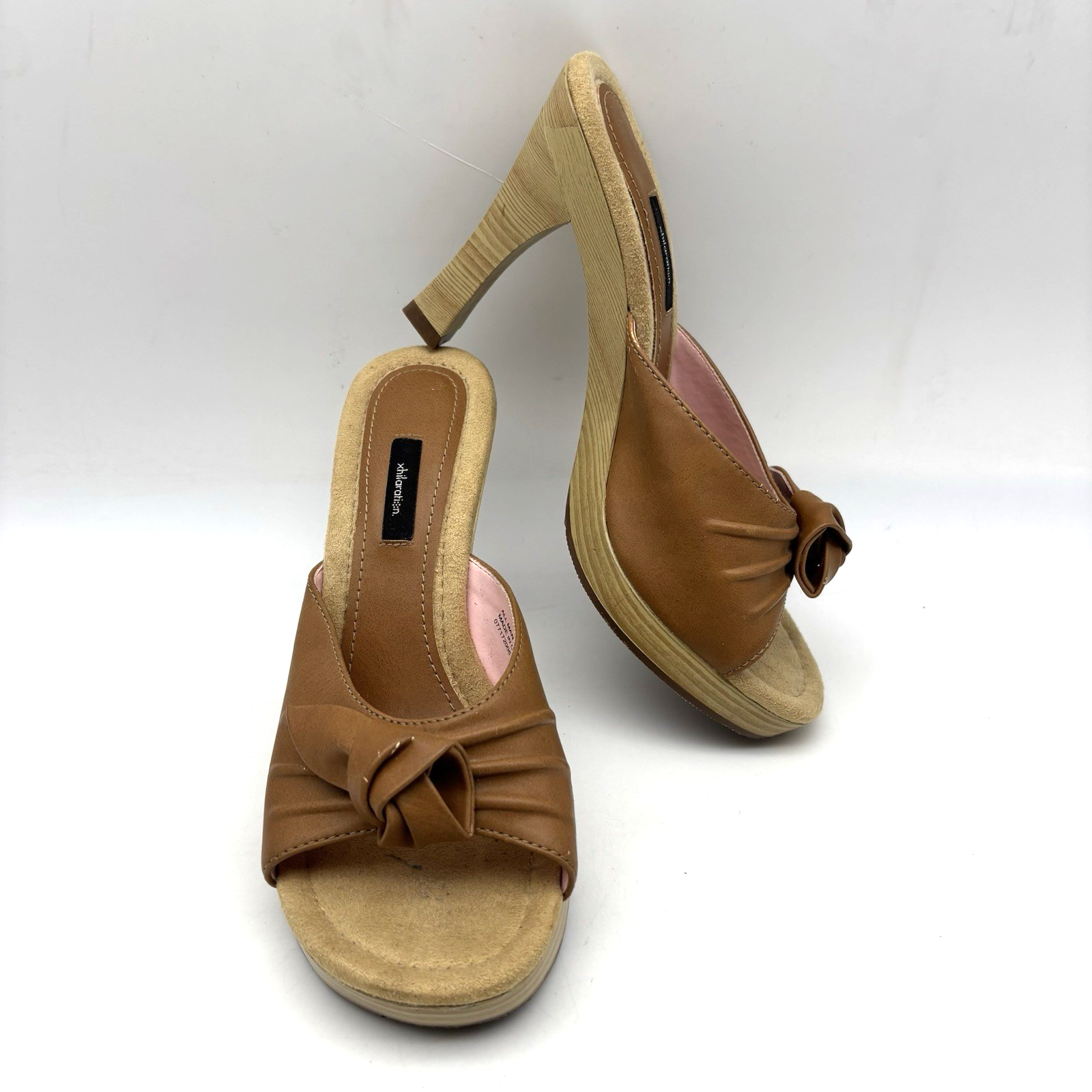 Vintage 00s Y2K Xhilaration Tan Faux Leather Wooden Block Heel Open Toe Pumps 8