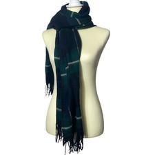 Vintage Blue  Green Plaid Lambswool Scarf With Fringe