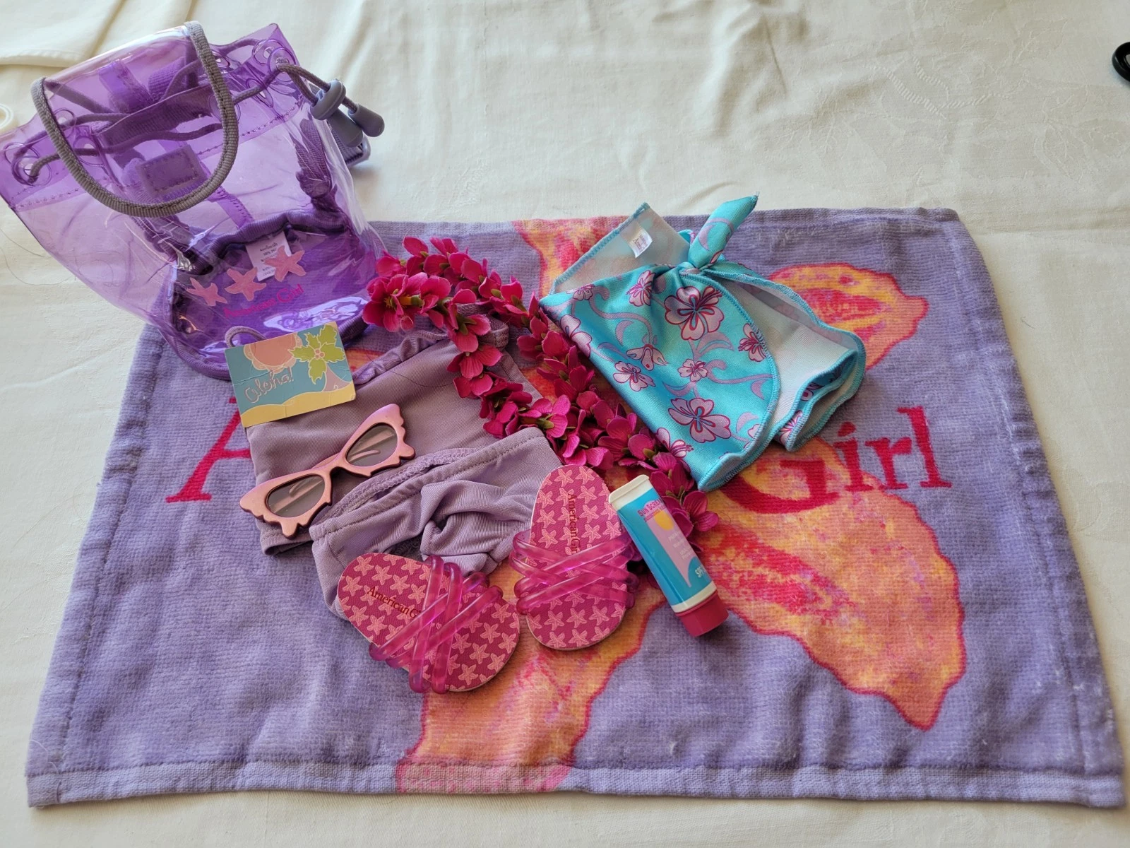 American Girl Doll Beach Set Backpack Towel Swimsuit Sunglasses more...9 pc