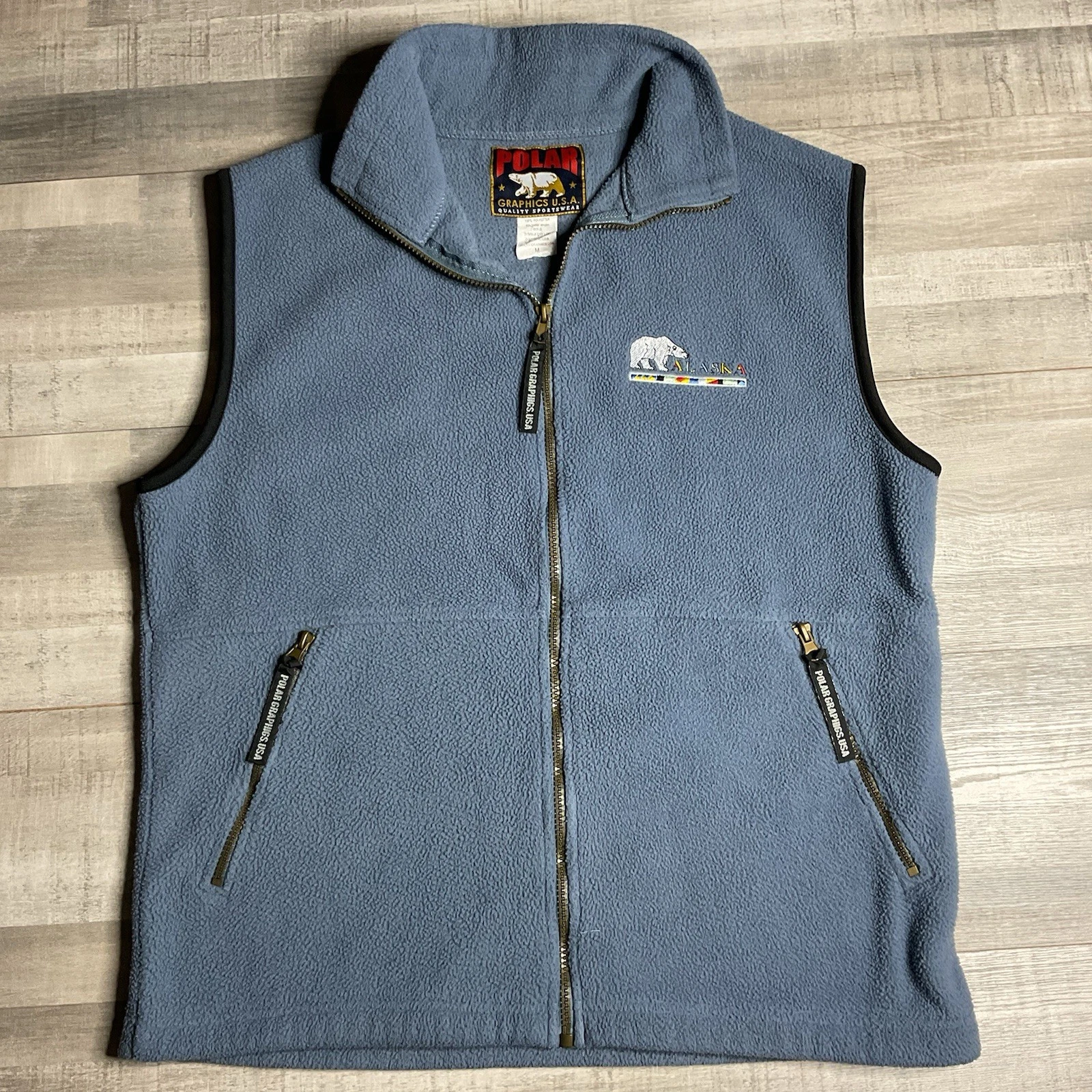 POLAR GRAPHIC POLAR BEAR ALASKA STITCH LOGO FLEECE VEST NAVY BLUE SIZE MEDIUM