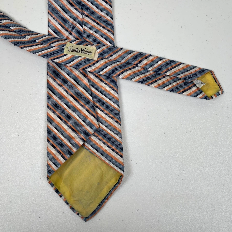Corbata vintage Smith & Welton diagonal a rayas para hombre naranja azul tejida años 70 Foto 3 de 4