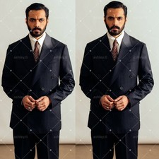 Black Pinstripe Men's Suits Double-Breasted Formal Wedding Groom Tuxedo 2 Pieces