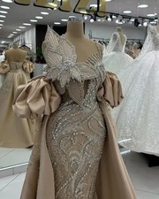 Champagne Long Sleeve Mermaid Long Prom Party Dresses With Detachable Train 2025