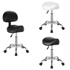 Uimoso Adjustable Saddle Stool with Wheels and Backrest, PU Leather, Black/White