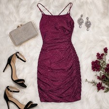 Windsor Burgundy Glitter Ruched Bodycon Dress Small Strappy Lace Up Back