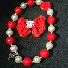 Red White Beaded Bow Charm Necklace for Girls with Imitation Pearl