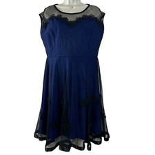 Missmny Women's Dress Dark Blue Tulle Applique Flowers Prom Formal Midi Size 2XL