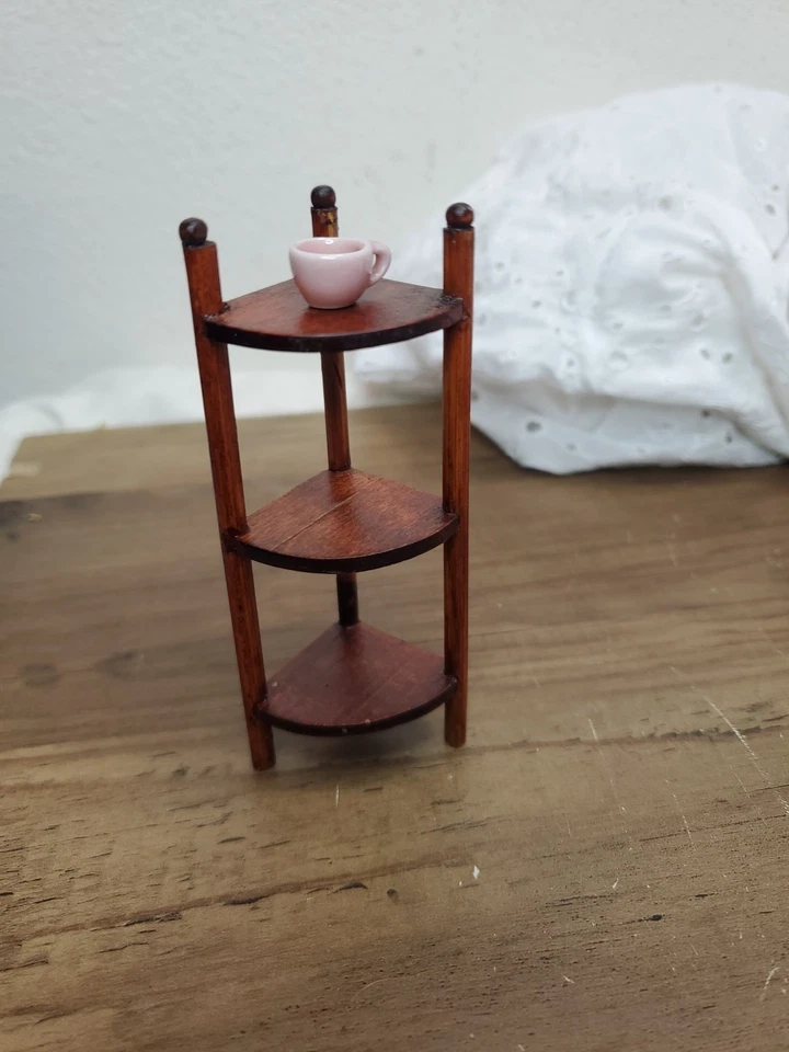  Dollhouse Antique Wooden Corner Shelf Table Display 4" With Teacup  - Image 2 of 4