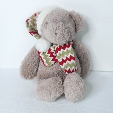 Gray White Red Plush Teddy Bear Snow Hat Scarf Christmas Stuffed Animal 14"