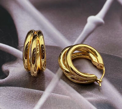 18K Solid Gold Triple Ropes Hoop Earrings Fashion Women Piercing Earlobe Earring
