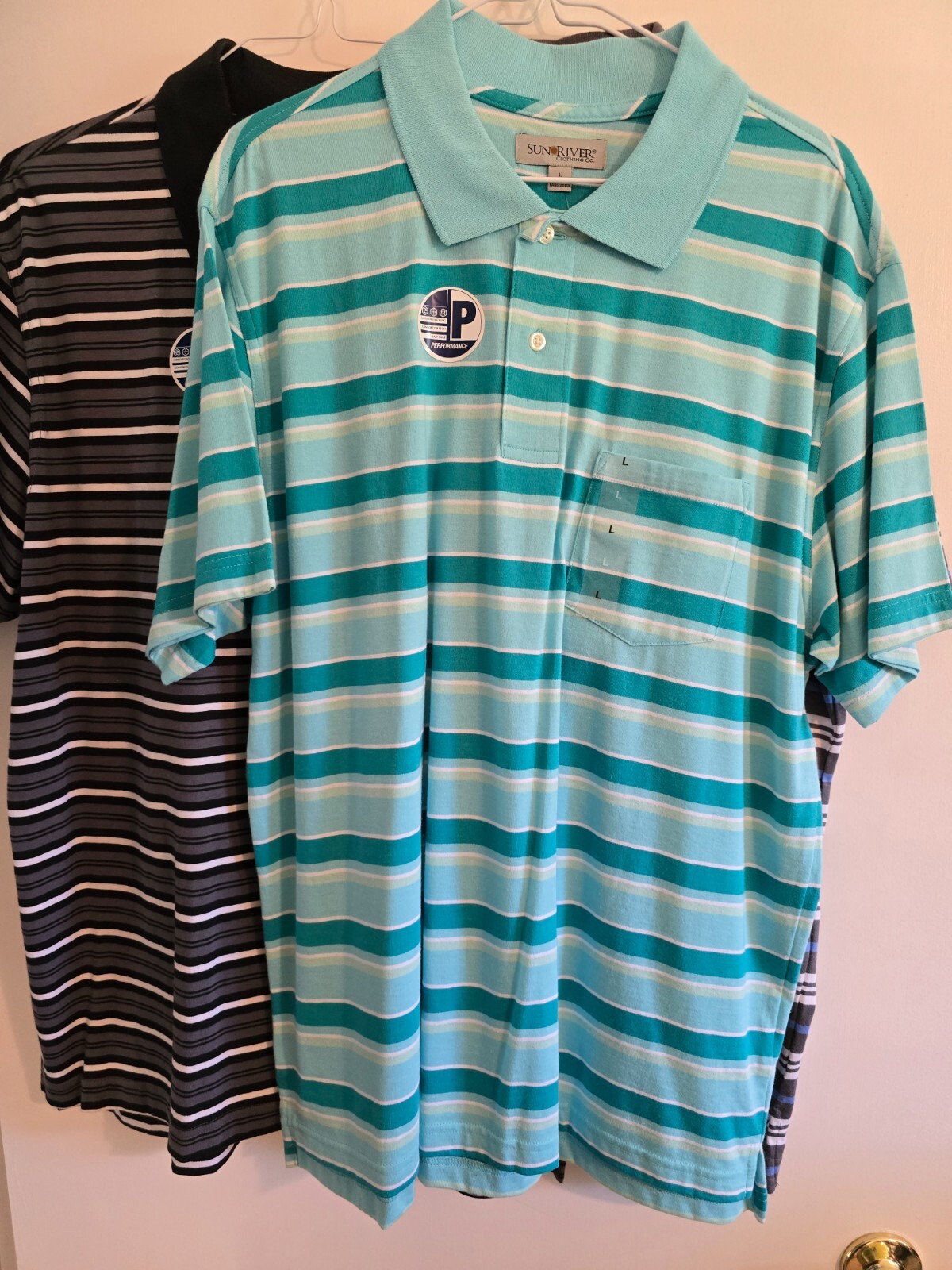 3 New Sun River Polo Golf Shirt Mens  Striped Wicking Stretch UV Protection LGE