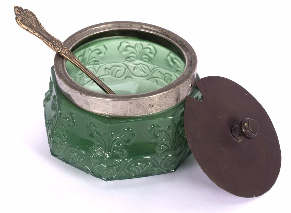 Hermoso azucarero de vidrio verde decoración vintage con cuchara y tapón. G16-131  Foto 3 de 4