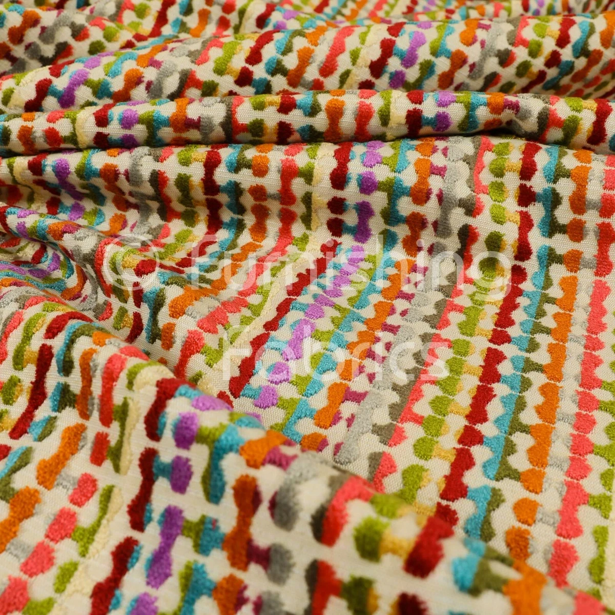 New Modern Bright Multicolour Geometric Retro Pattern Velvet Upholstery  Fabric