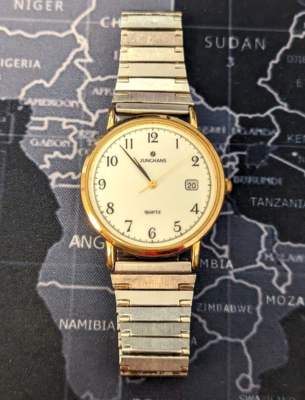 Vintage Junghans Quartz Watch Gold White 34.5mm Date Rare 70s