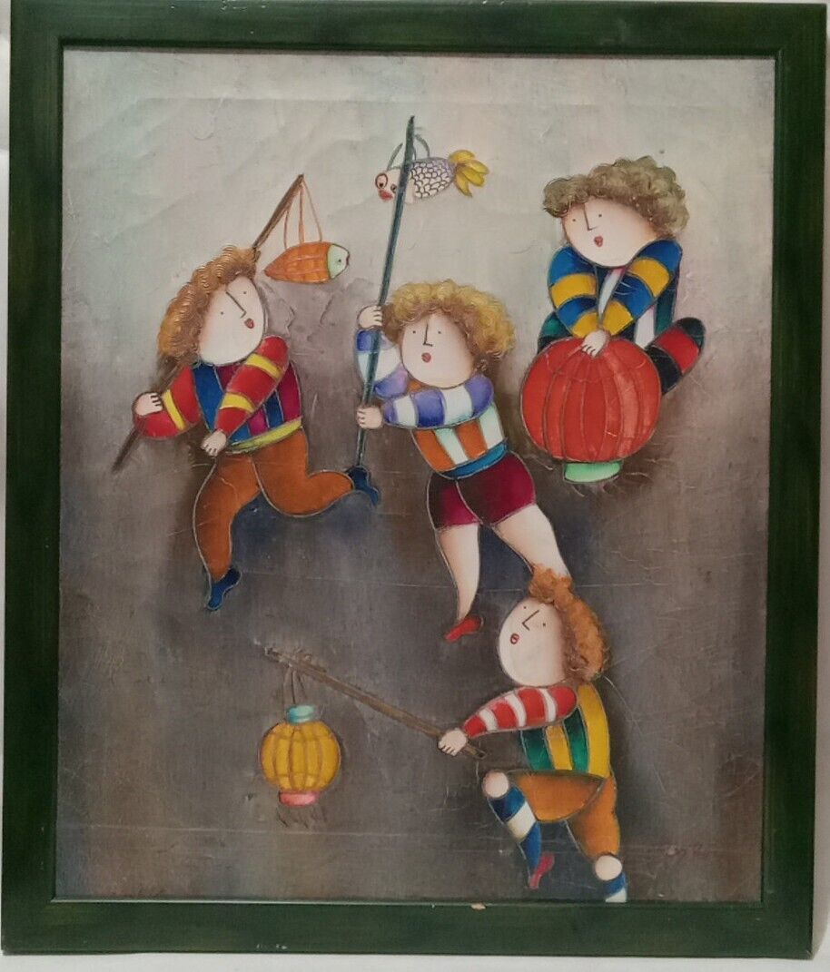 Joyce Robal "Children With Fishing Poles" Oil Painting Framed And Signed