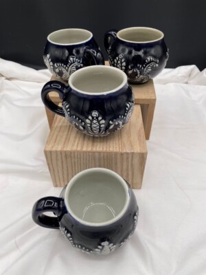 Set of 4 Wick-Werke Germany Cobalt Blue Mugs Cups Floral Leaves Pineapples