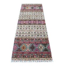2'9"x7'10" Hand Knotted Beige Super Kazak Khorjin Design Wool Runner Rug R56807