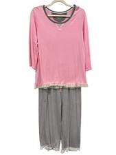 Layla Mesh Ruffle Trim Pajama Set Size Small Medium Pink Gray Striped Lounge Sle