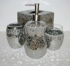 NEW 4 PC GRAY,SILVER MIRROR GLASS MOSAIC SOAP DISPENSER+TOOTH+TUMBLER+TISSUE BOX