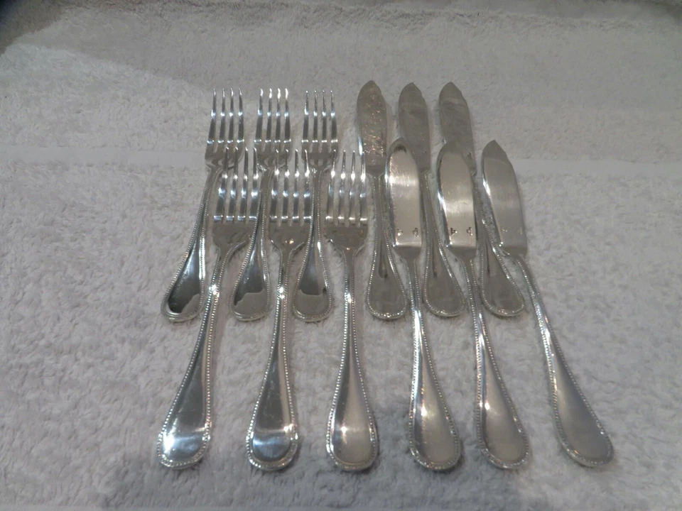 Juego de cubiertos de pescado vintage 1980 francés plateado 12p Christofle Perles Foto 2 de 4