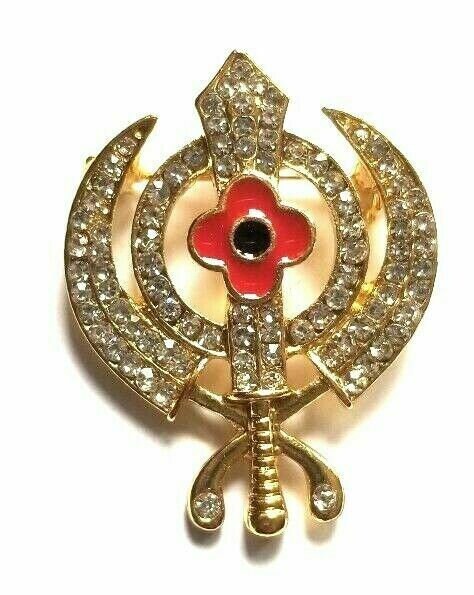 Stunning diamonte gold plated sikh khandapoppy khalsa singh kaur brooch pin gift