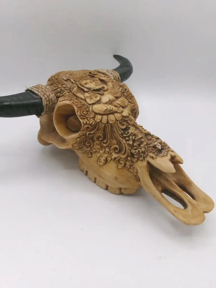 Decorative Resin Bull Skull Wall Art with Ganesha Carving - Image 3 of 4