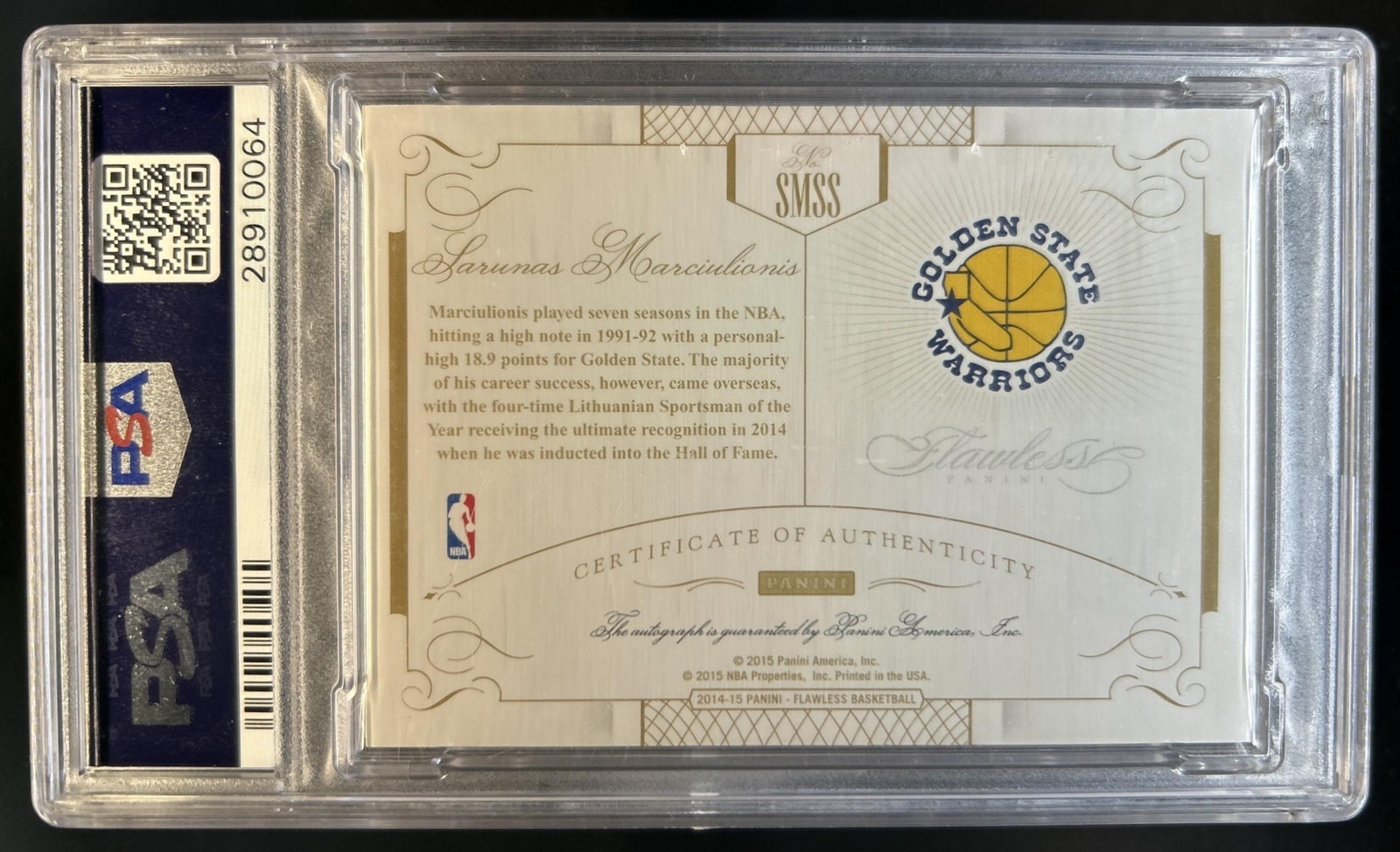 2014-15 Panini Flawless Sarunas Marciulionis Super Signatures Auto #/25 PSA 9 view 2