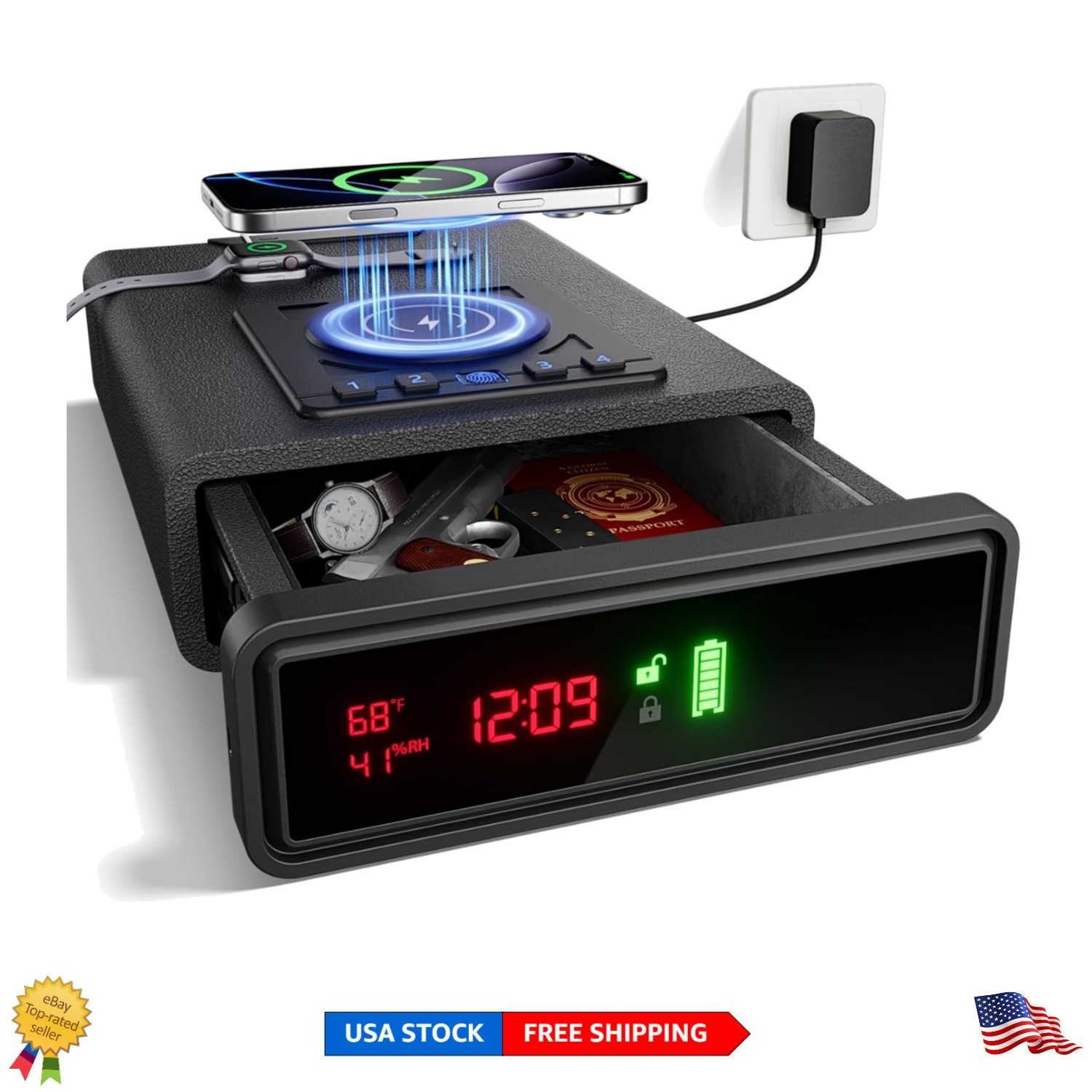 Stylish Biometric Nightstand Safe with Wireless Charging & Quick Access Keys