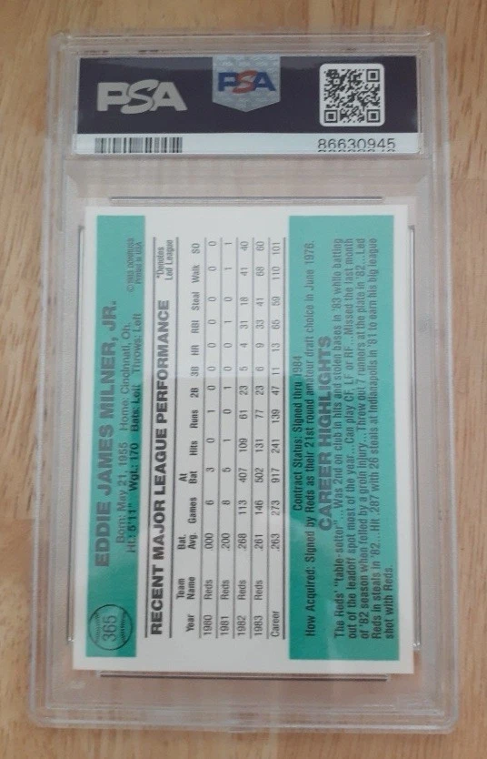 1984 Donruss #365 Eddie Milner PSA GEM MINT 10! Reds - Image 2 of 2