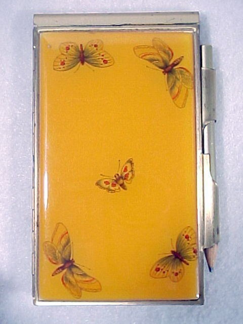 Vintage Gold Tone Mini Note Pad W/ Tiny Pencil Butterfly Design Cover