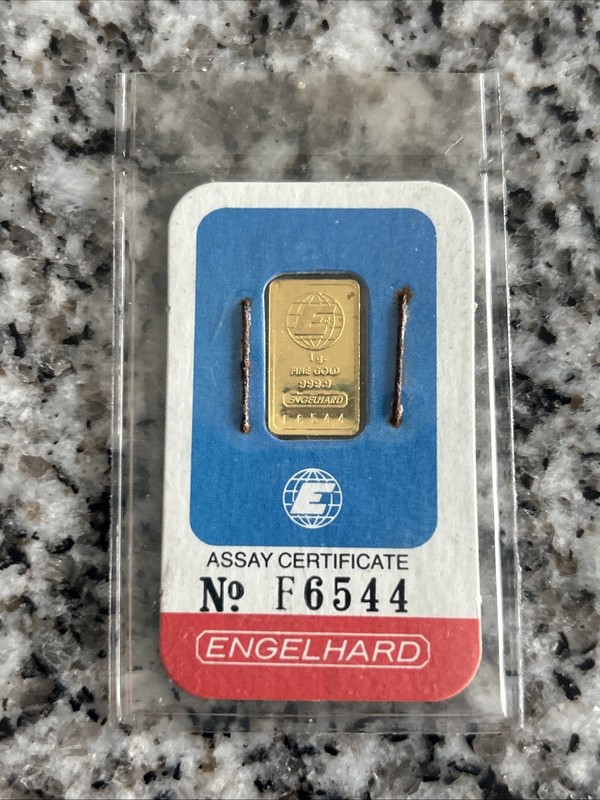 Vintage Engelhard 1 gram .9999 Fine Gold Bar in Assay No F6544