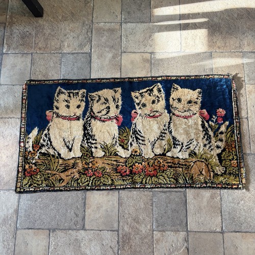 Vintage Velvet Tapestry Wall Hanging 4 Kittens On A Log In A Field Of Flowers