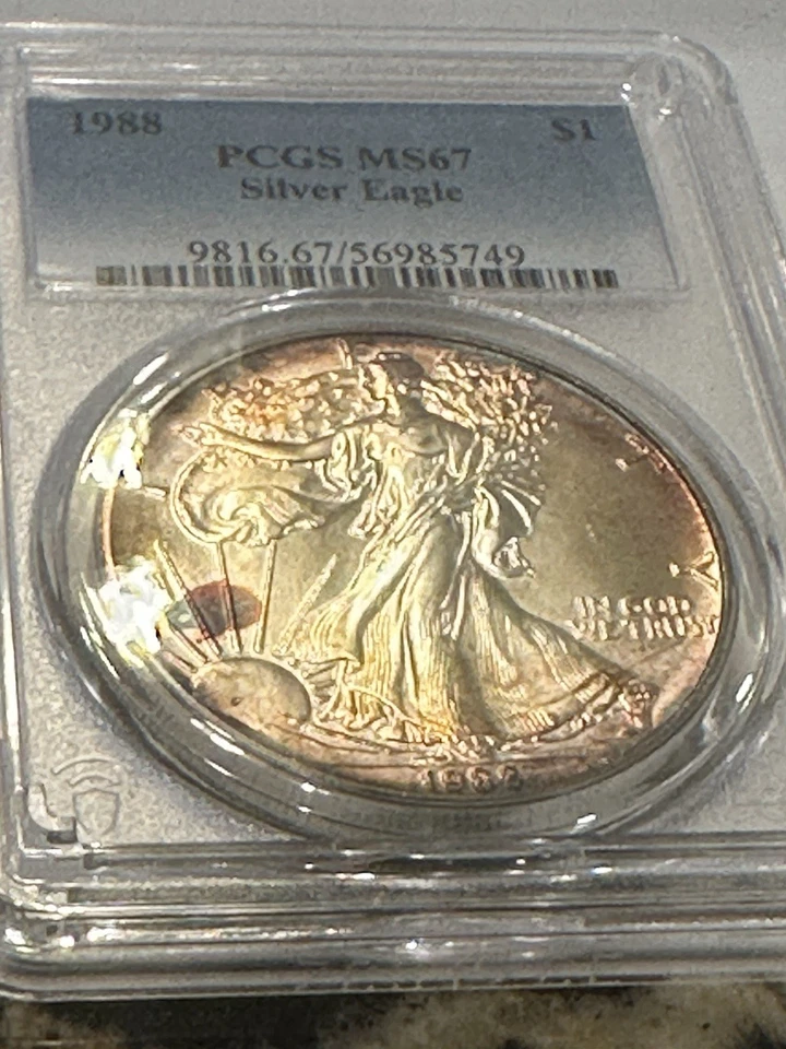 1988 One Dollar American Silver Eagle PCGS MS67 Toning Toned Coin Early date NR - Image 3 of 3