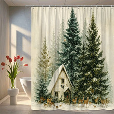 Winter Wonderland Shower Curtain with Snowy Cabin and Deer