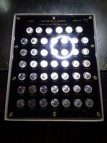 SUPERB 1946-1964 PDS 90% SILVER "GEM BU" ROOSEVELT DIME SET IN CAPITAL PLASTIC.!