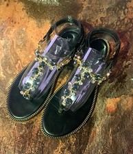 Fashion Black/Clear Thong Flat Sandals Rhinestone Embellished Bling US 7.5