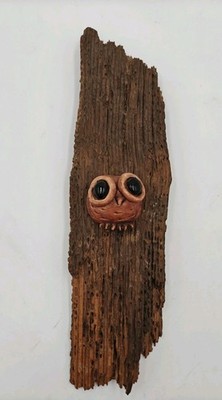 Creepy Little Clay Owl Huge Eyes On Wooden Placque Artisan Handmade Rustic Decor