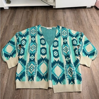 Crazy Train Teal and Cream Aztec Cardigan