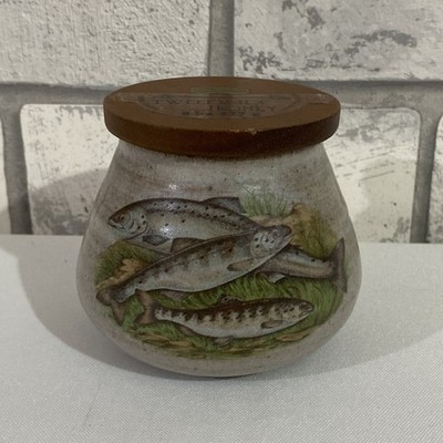 Antique Tweedside Honey Jar original lid & label hand painted trout salmon scene