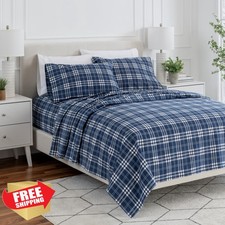 Bare Home Stirling Plaid Flannel Sheet Set Split King Blue/White 100 Cotton